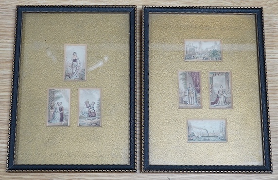 George Baxter, set of seven miniature colour prints to include portraits of Queen Victoria and Prince Albert, mounted and framed as two, each overall 21 x 15cm. Condition - fair